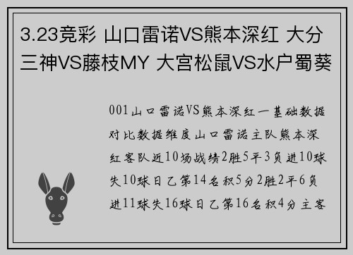 3.23竞彩 山口雷诺VS熊本深红 大分三神VS藤枝MY 大宫松鼠VS水户蜀葵 3.23竞彩 山口雷诺VS熊本深红 大分三神VS藤枝MY 大宫松鼠VS水户蜀葵