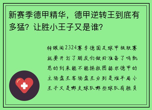 新赛季德甲精华，德甲逆转王到底有多猛？让胜小王子又是谁？