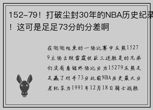 152-79！打破尘封30年的NBA历史纪录！这可是足足73分的分差啊