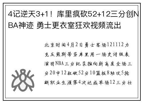 4记逆天3+1！库里疯砍52+12三分创NBA神迹 勇士更衣室狂欢视频流出