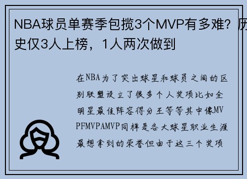 NBA球员单赛季包揽3个MVP有多难？历史仅3人上榜，1人两次做到